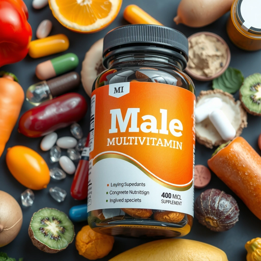 Male Multivitamin supplement bottle with comprehensive nutrients
