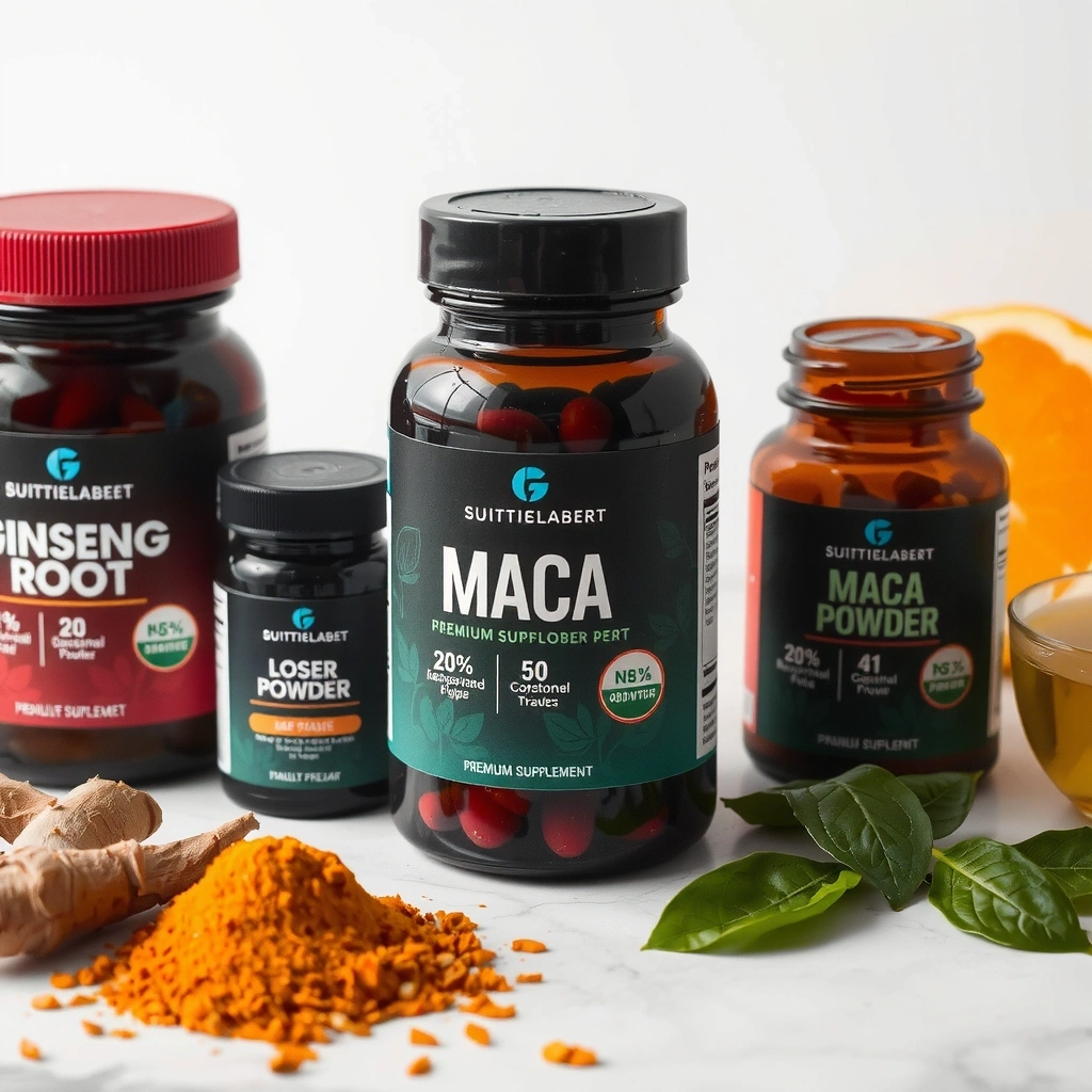 Premium supplement bottles arranged elegantly with natural ingredients